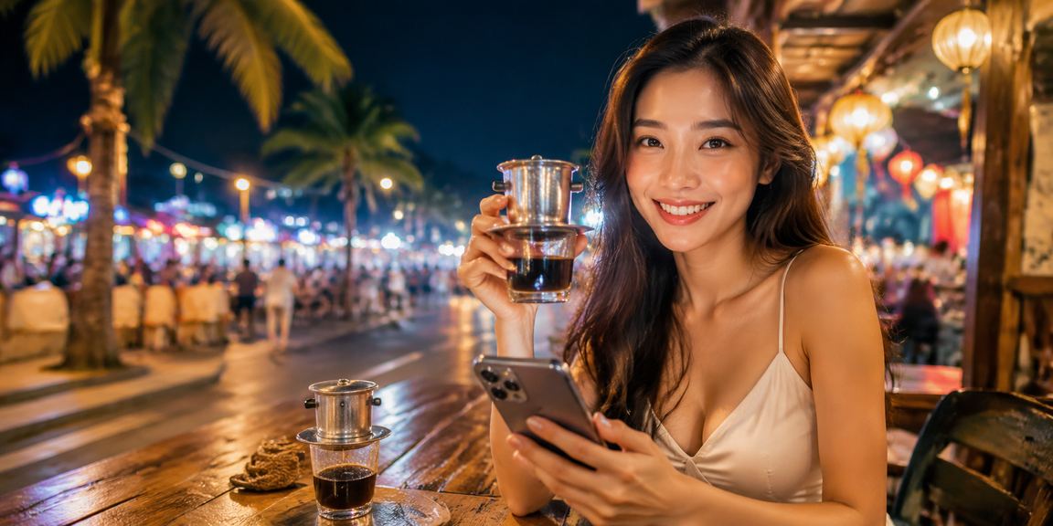 Người dùng tại Nha Trang trải nghiệm casino di động tại quán cà phê ven biển với điện thoại