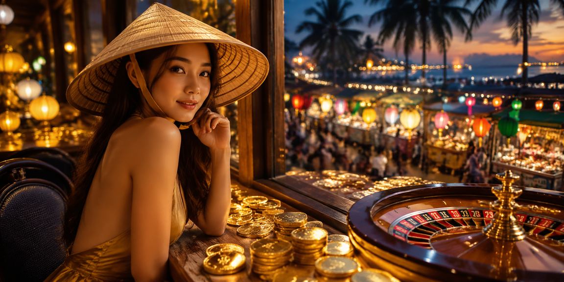 Người dùng tại Phú Quốc tham gia trò chơi roulette trực tuyến với nón lá truyền thống bên cạnh